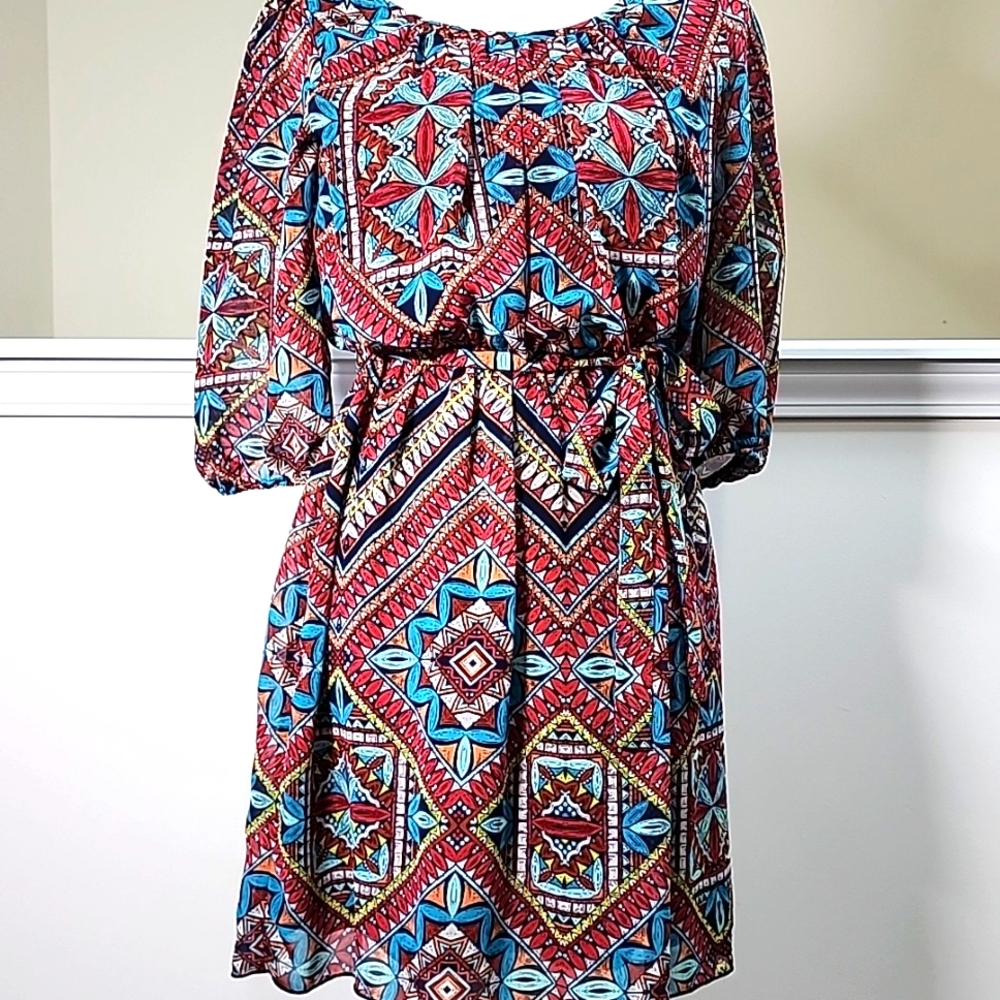 Vibrant colorful lightweight fun boho print scoopneck dress by Sweet Storm SZ L